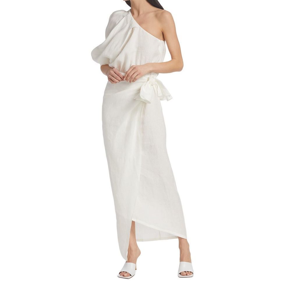 NWT Piece of White Galilia One-Shoulder Linen Midi-Dress XS $718
